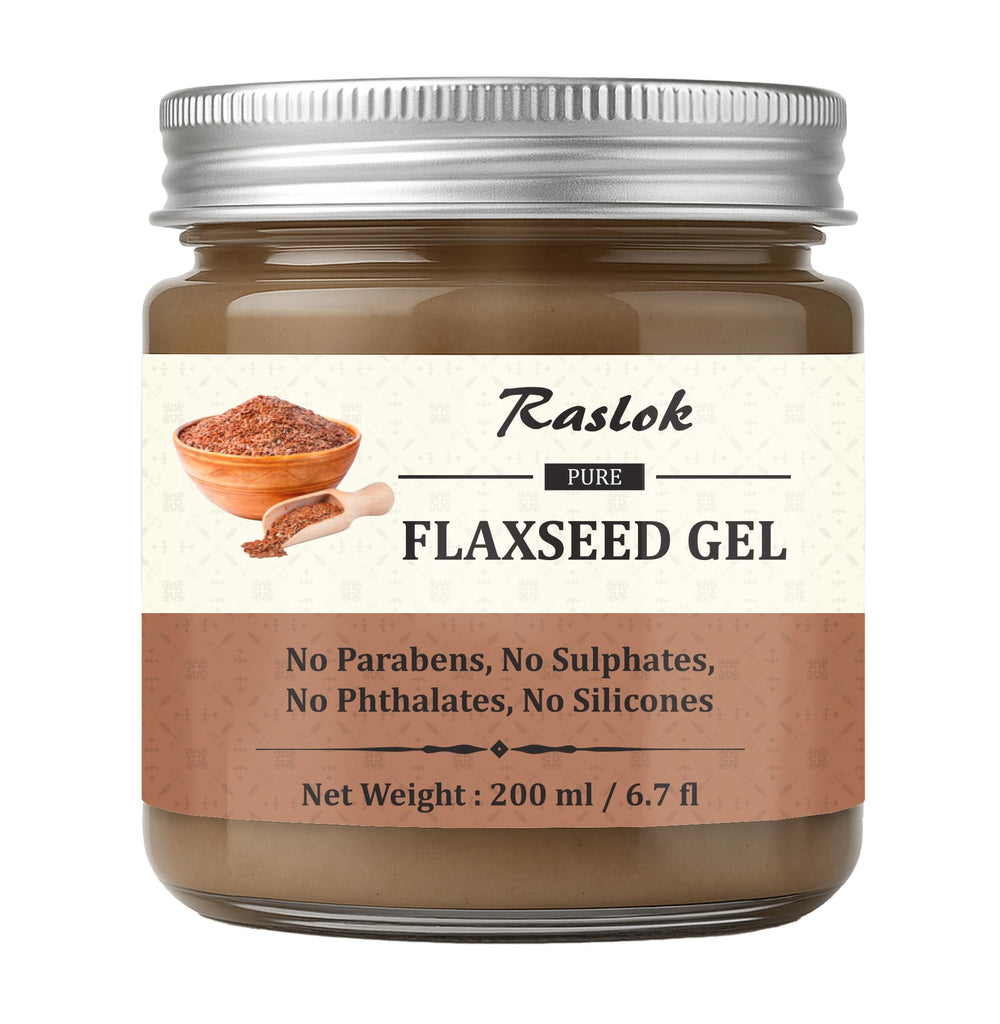 Raslok Pure Flaxseed Gel nourishes shine and moisture for everyday styling.