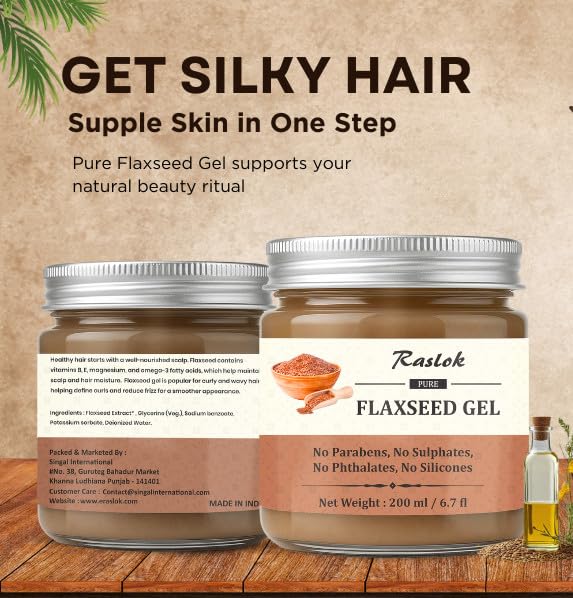 Raslok Pure Flaxseed Gel texture swatch demonstrates smooth, hydrating feel for hair.