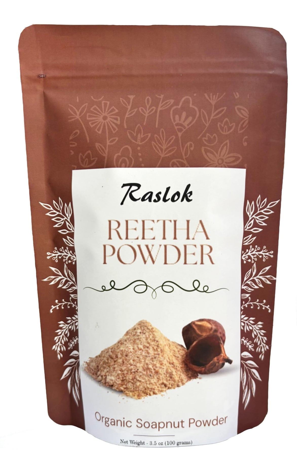 Raslok Soapnut Powder packaging highlights natural hair care benefits.