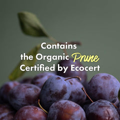 RATED GREEN Organic prune oil bottle close-up highlighting nourishing ingredients.