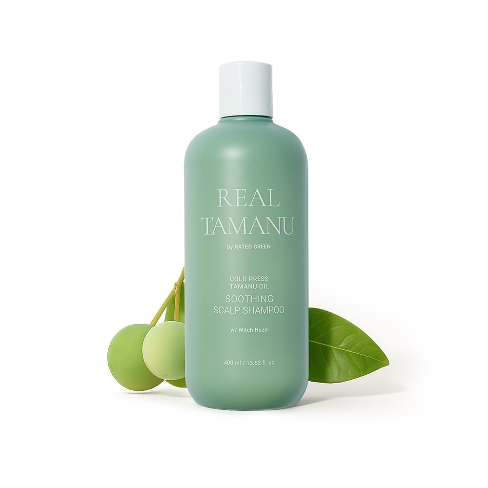 RATED GREEN Real Tamanu Shampoo bottle closeup showing organic formula for soothing scalp