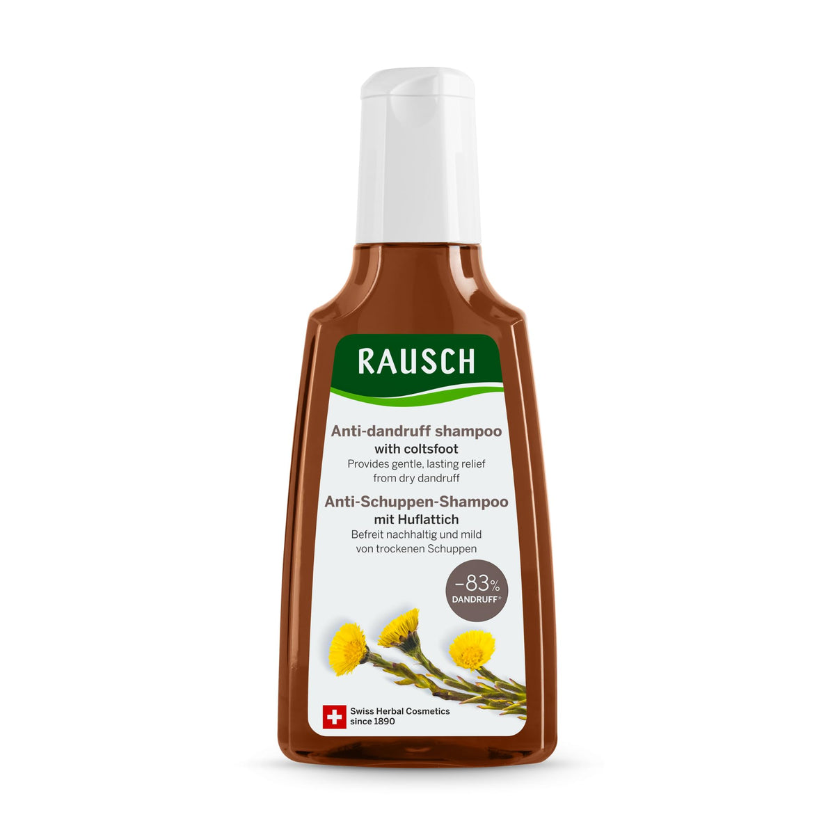 RAUSCH Coltsfoot Anti-Dandruff Shampoo bottle shows gentle scalp care