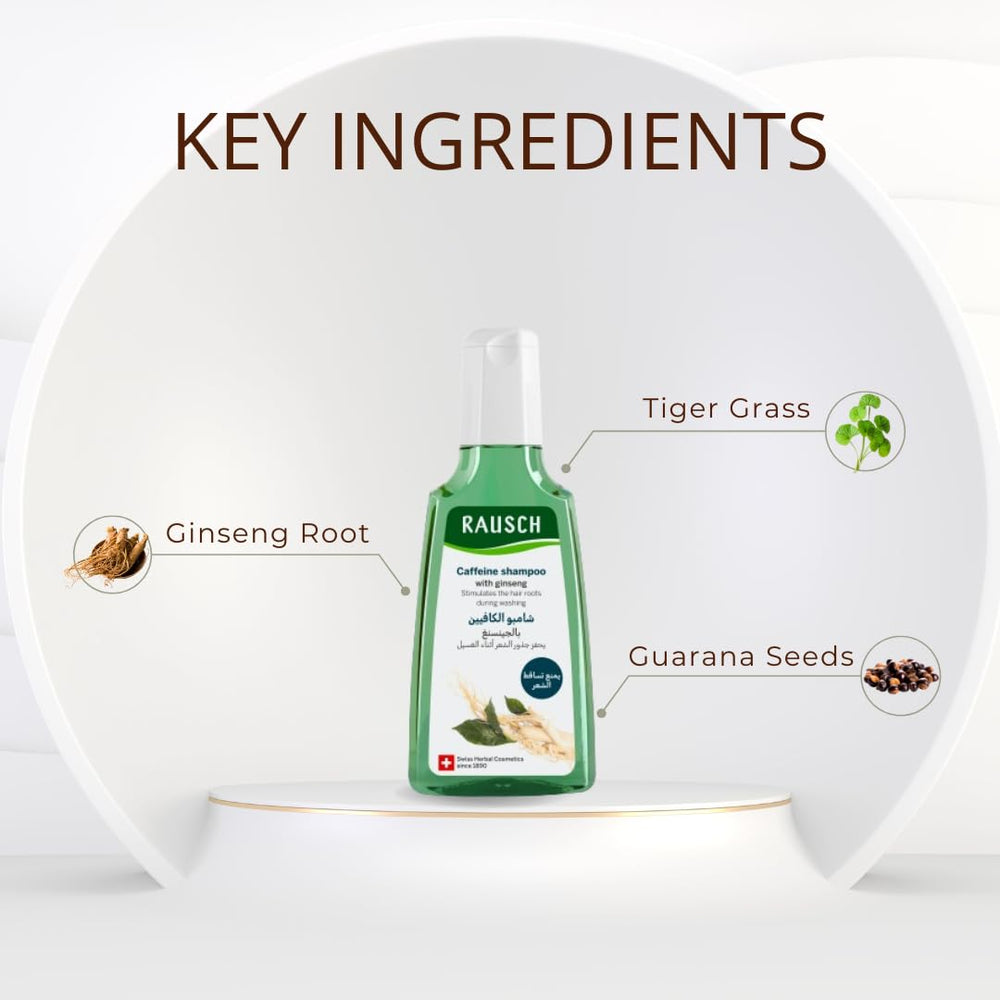 RAUSCH Ginseng Caffeine Shampoo ingredient panel highlights natural extracts.