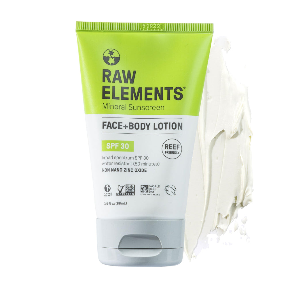 Raw Elements mineral sunscreen tube for daily face and body protection against sun exposure.