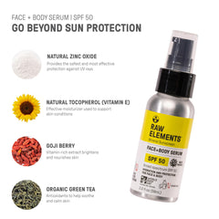 Raw Elements Face + Body Serum SPF 50 family-use scene emphasizes safe protection