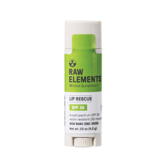 Raw Elements Lip Rescue packaging highlights reef-safe, zinc-based lip protection for outdoor use