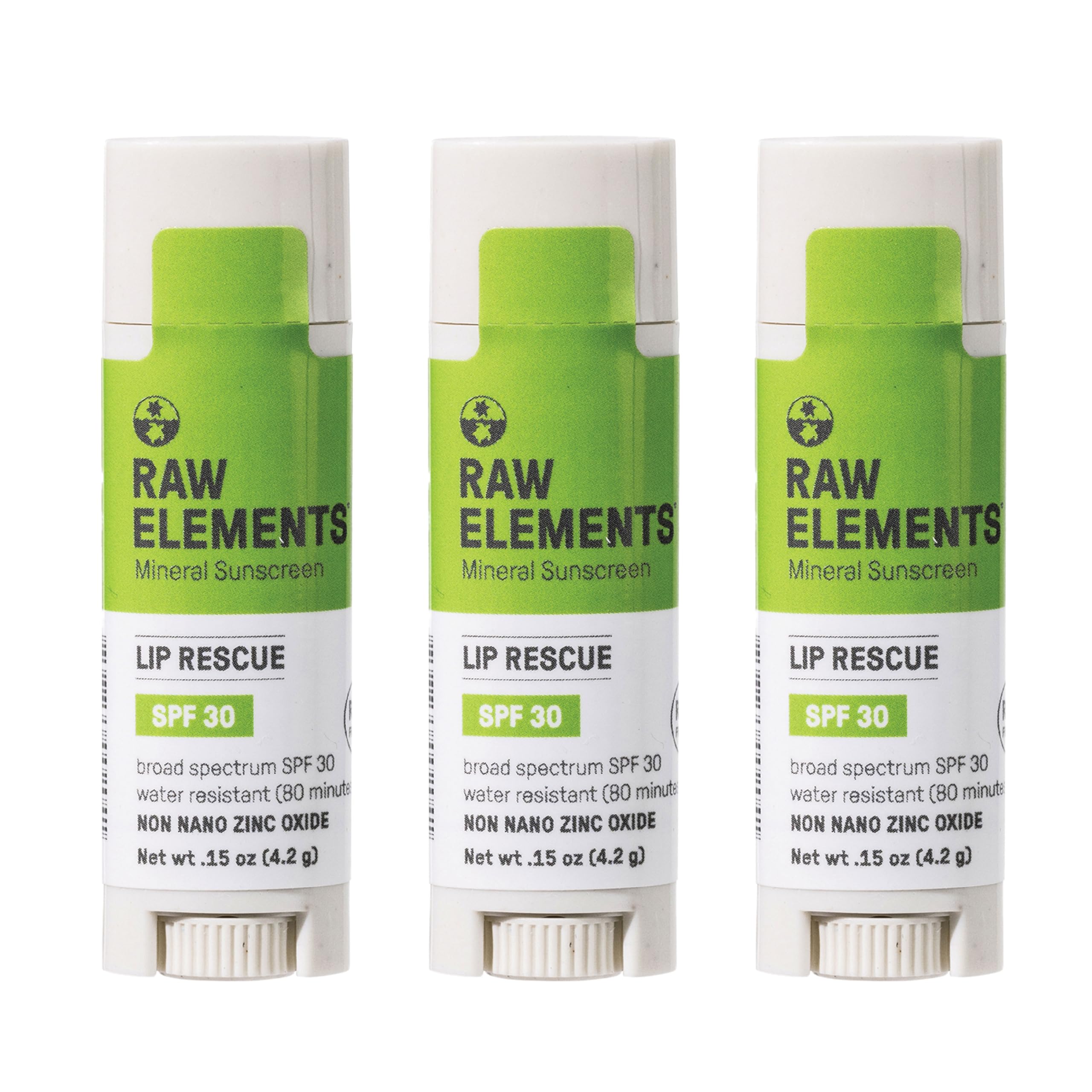 Raw Elements Lip Rescue SPF 30 front view for outdoor lip protection