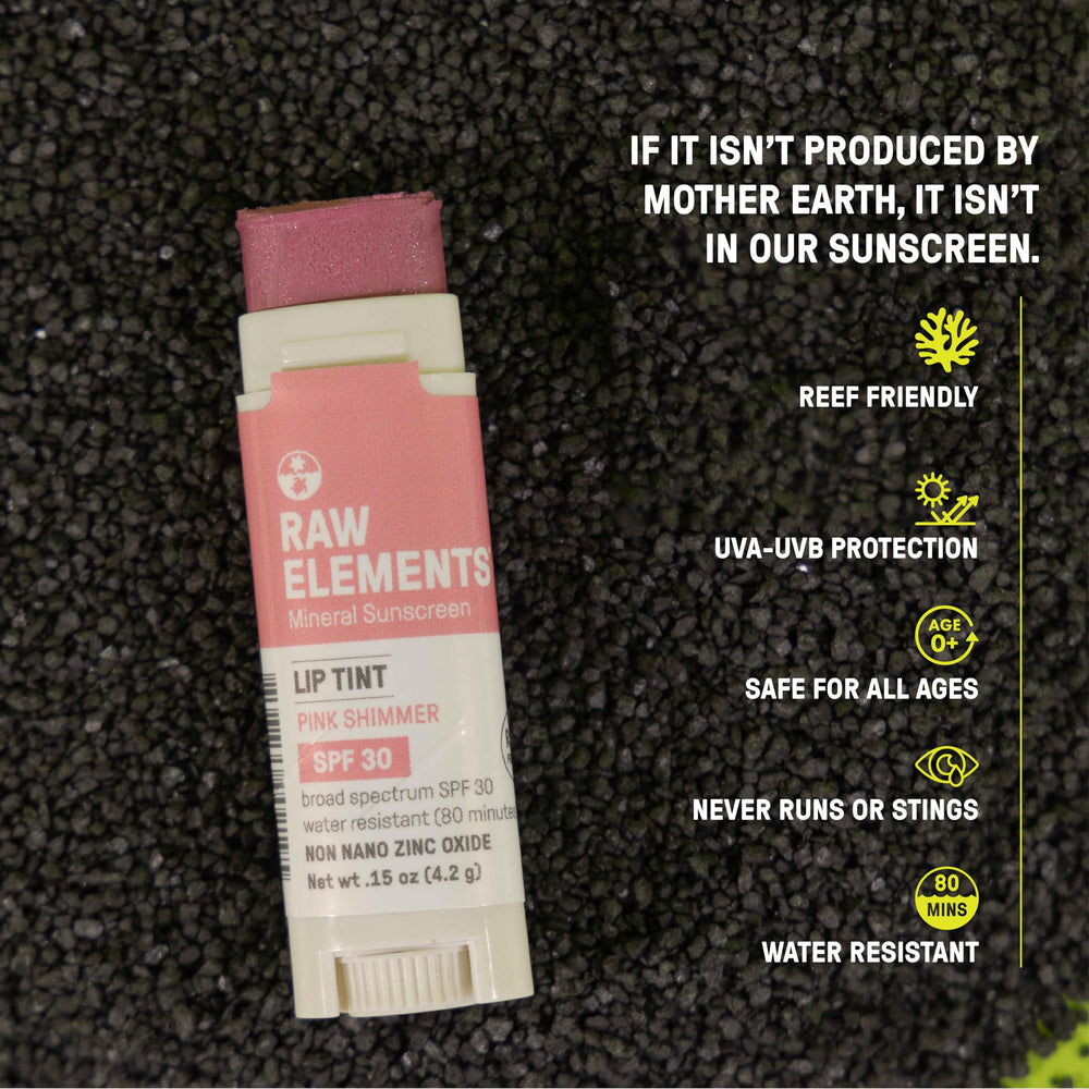 Water-resistant lip shimmer during outdoor activities, Raw Elements branding.