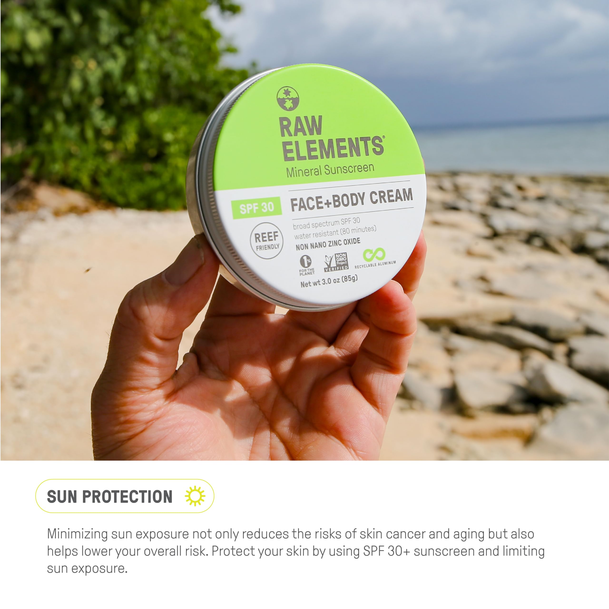 Raw Elements close-up of zinc oxide ingredient signals mineral protection