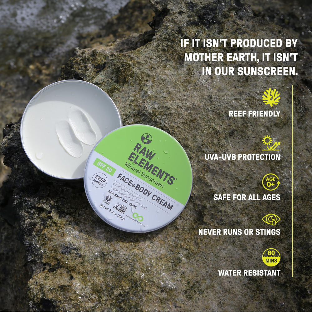 Raw Elements zinc oxide label highlights reef-safe protection for coastal days