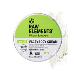 Raw Elements sunscreen tin front shows eco-friendly packaging for daily use