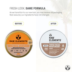 Raw Elements tinted face cream close-up shows smooth texture for even skin tone.