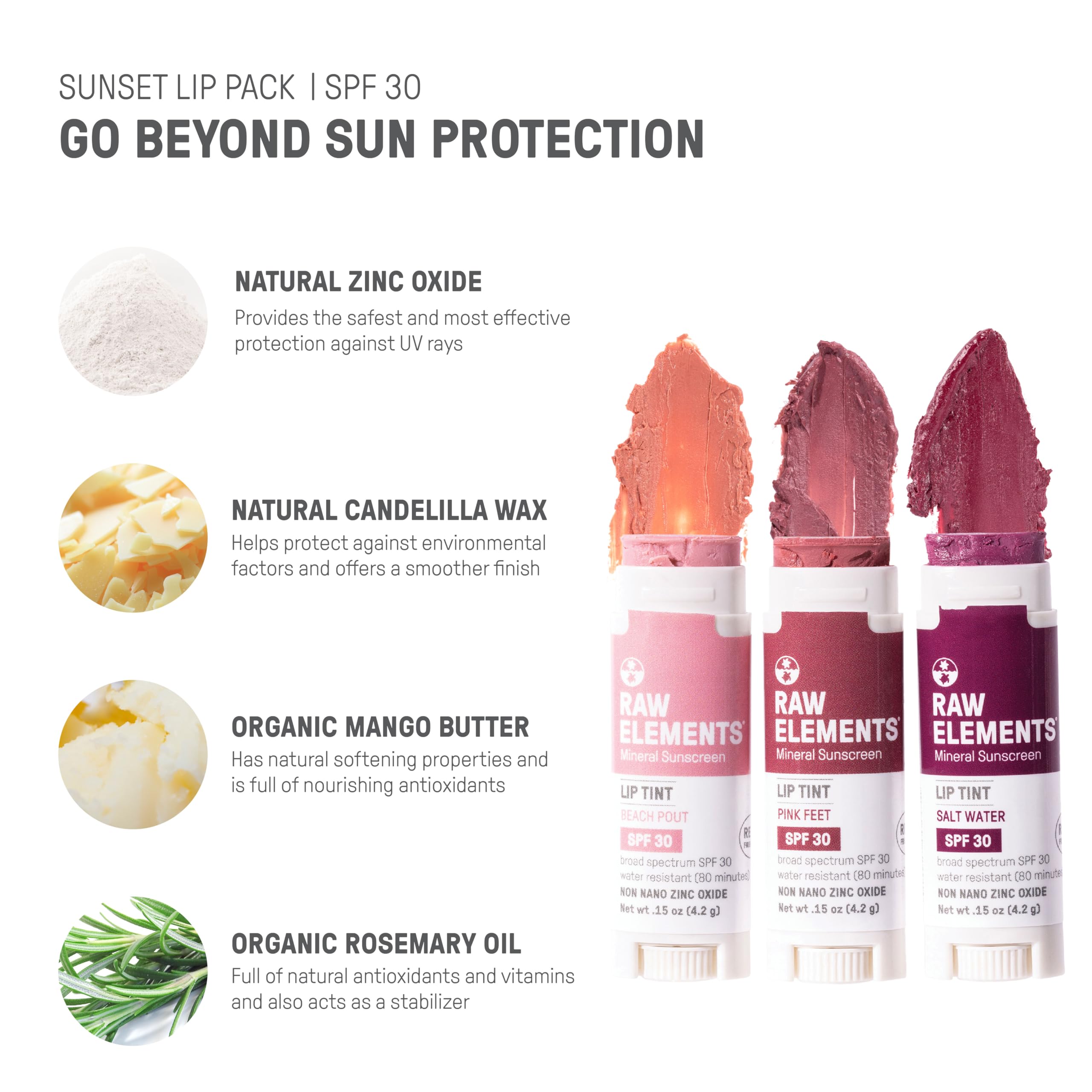 Raw Elements Tinted Lip Beach Pout mineral sunscreen with zinc oxide protection.