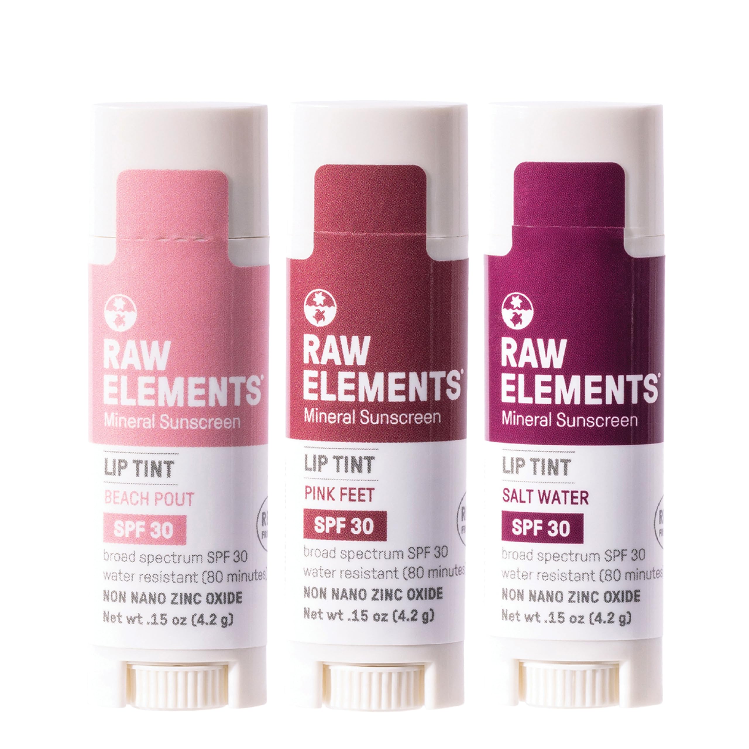 Raw Elements Tinted Lip Beach Pout with pink feet SPF 30 protection for outdoor days.