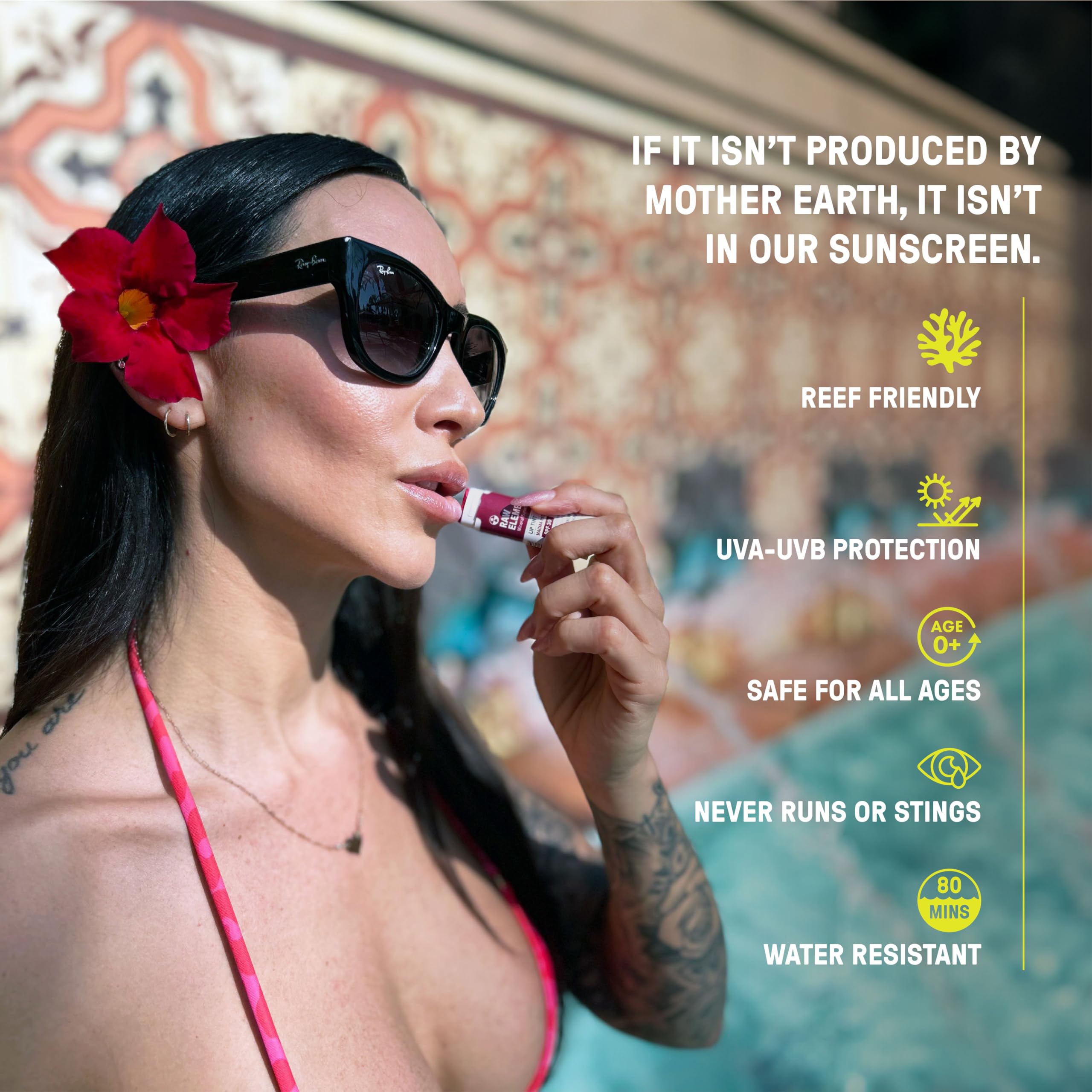 Raw Elements Tinted Lip Beach Pout Sunset Pack in a compact for travel.