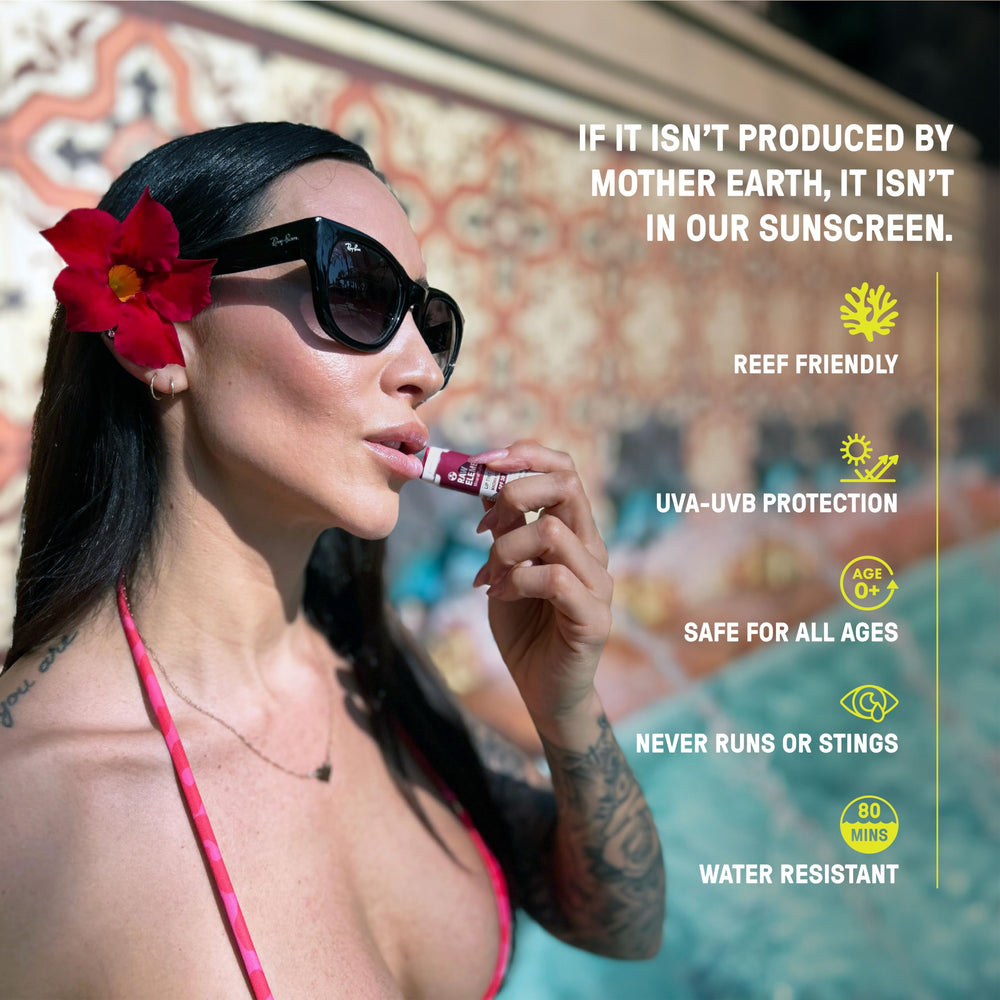 Raw Elements Tinted Lip Beach Pout Sunset Pack in a compact for travel.
