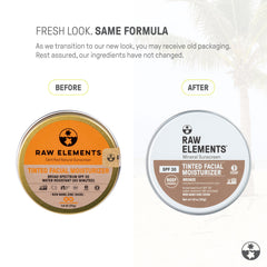 Raw Elements packaging close-up highlights recyclable materials and clean mineral formula for sensitive skin.