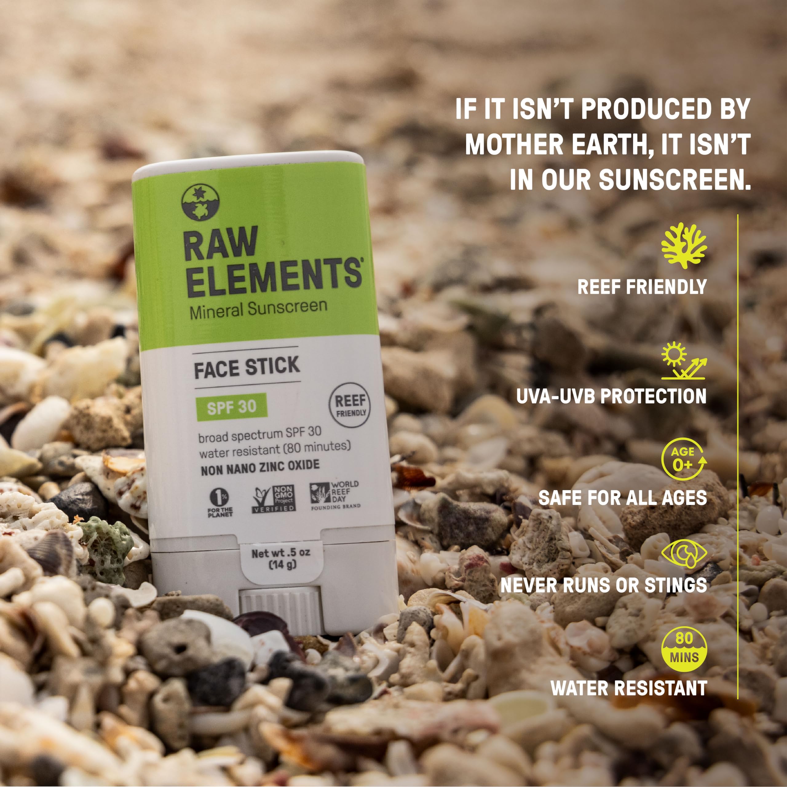 Raw Elements water-resistant sunscreen stick stays put during outdoor activities