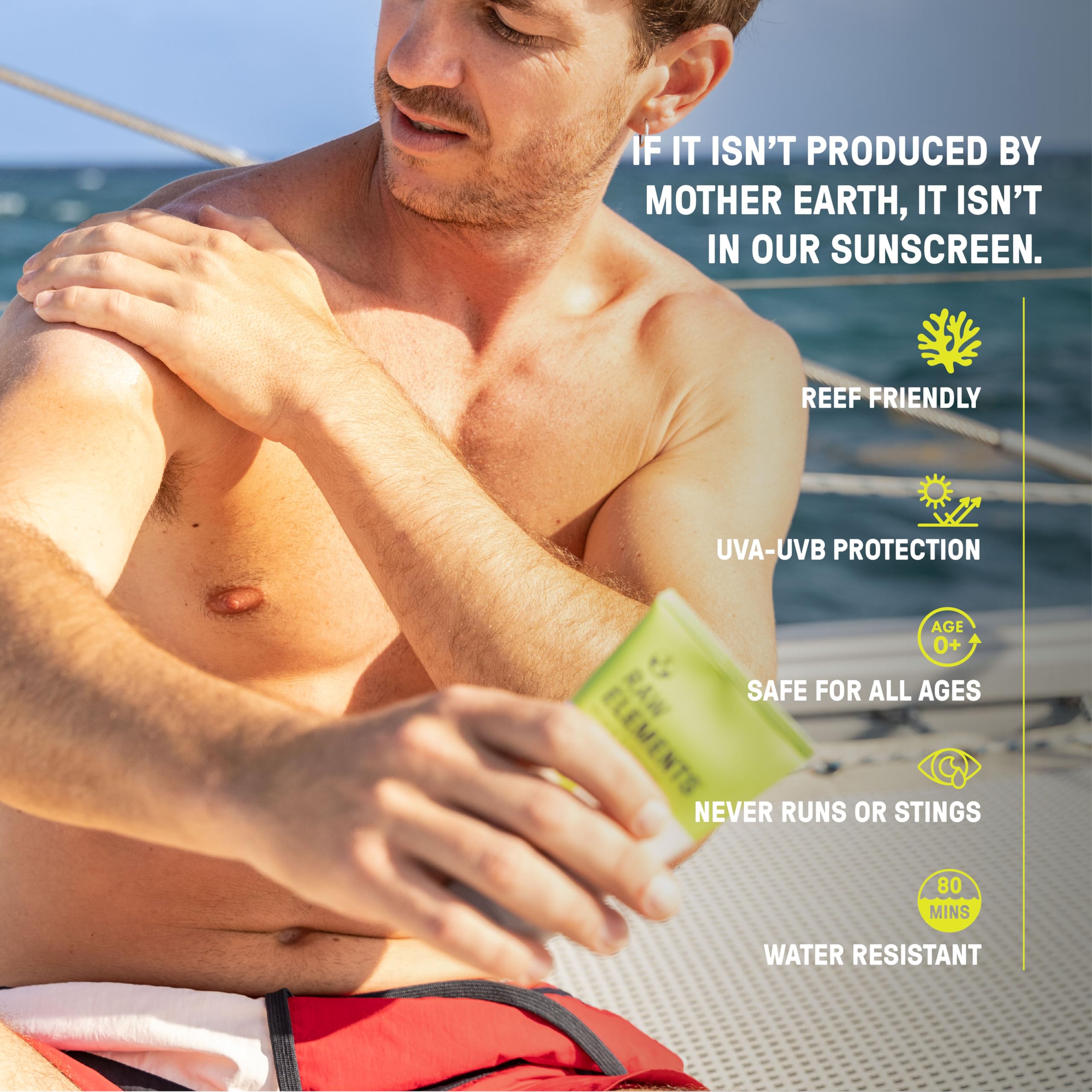 Raw Elements zinc-oxide mineral formula provides reef-safe protection on beach and pool days.