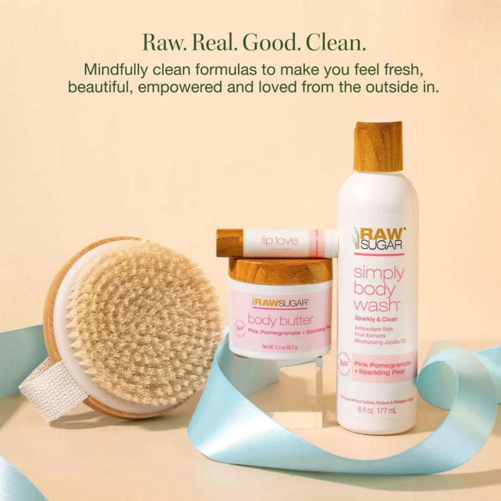 RAW SUGAR Dry Body Brush for exfoliating and smoothing skin.