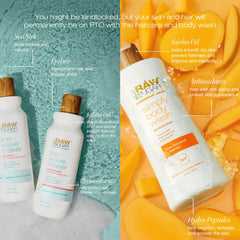 RAW SUGAR Coconut Mango Glow Body Wash bottle for hydrated, bright skin.