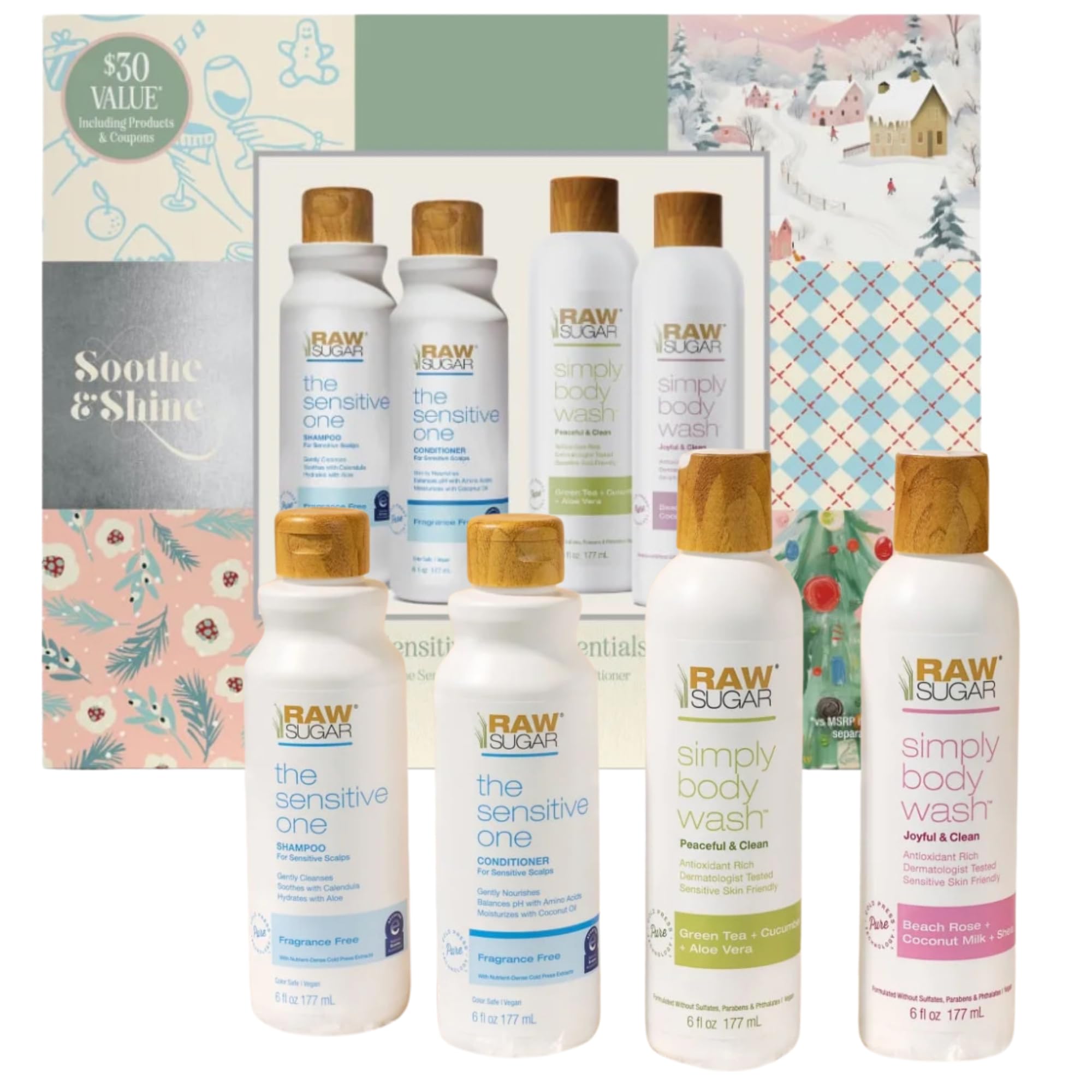 RAW SUGAR Sensitive Shampoo bottle shown for fragrance-free cleansing on sensitive skin.