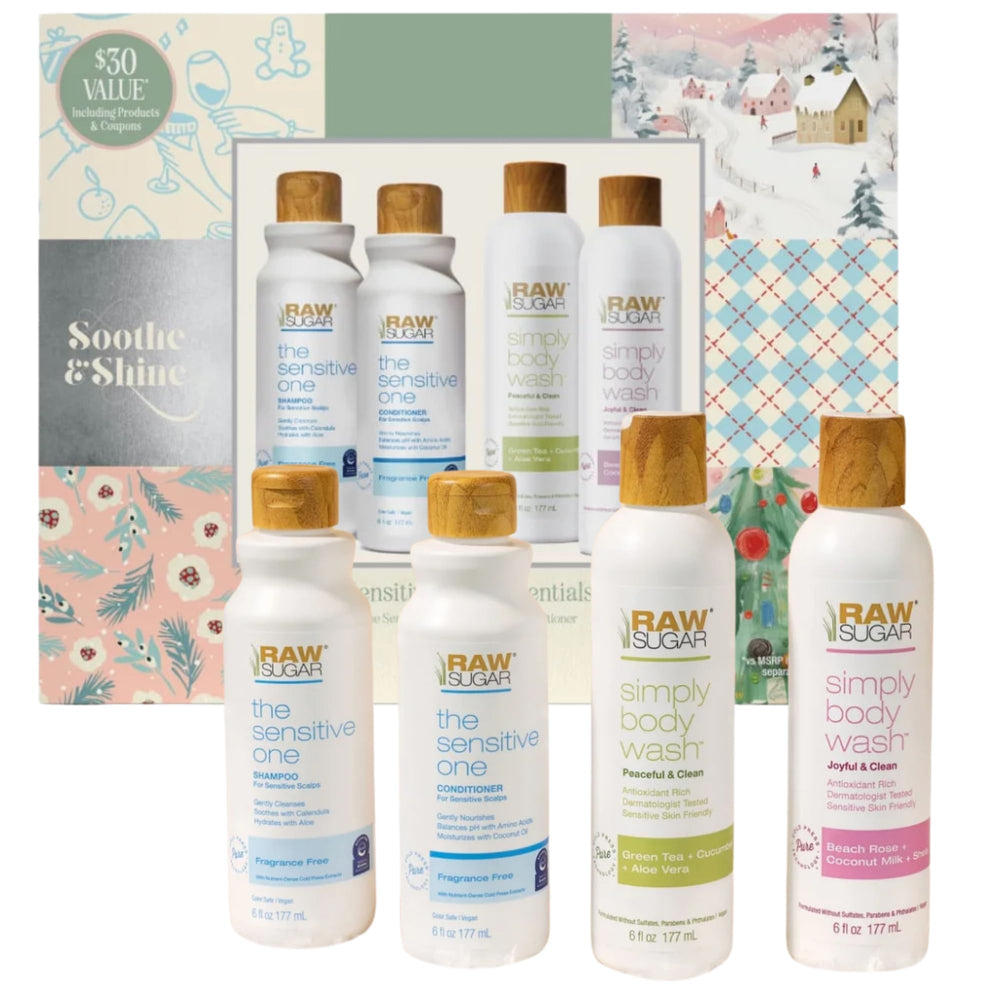 RAW SUGAR Sensitive Shampoo bottle shown for fragrance-free cleansing on sensitive skin.