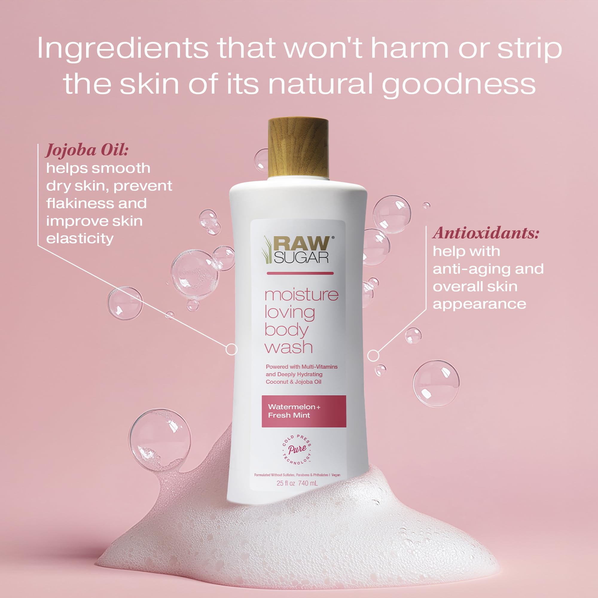 Close-up on ingredients of Raw Sugar Simply Body Wash Watermelon Fresh Mint