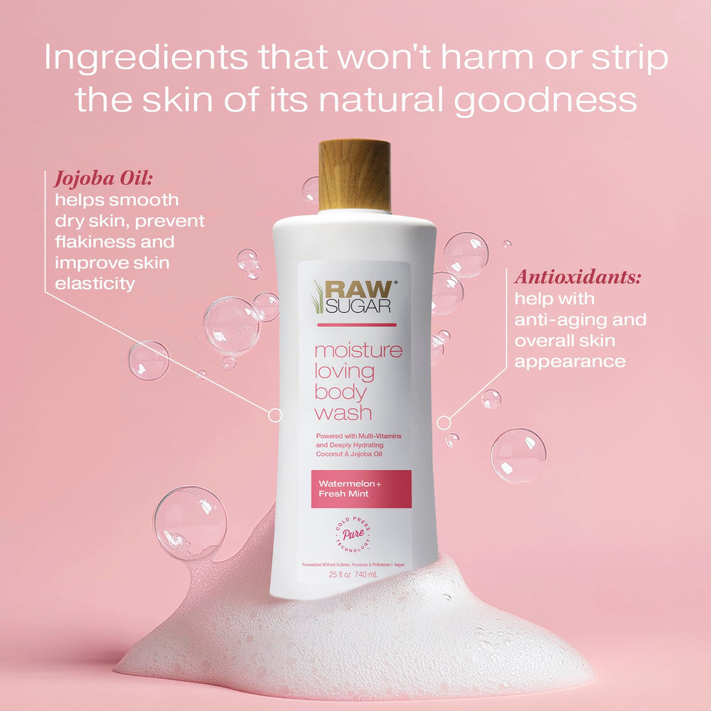 Close-up on ingredients of Raw Sugar Simply Body Wash Watermelon Fresh Mint