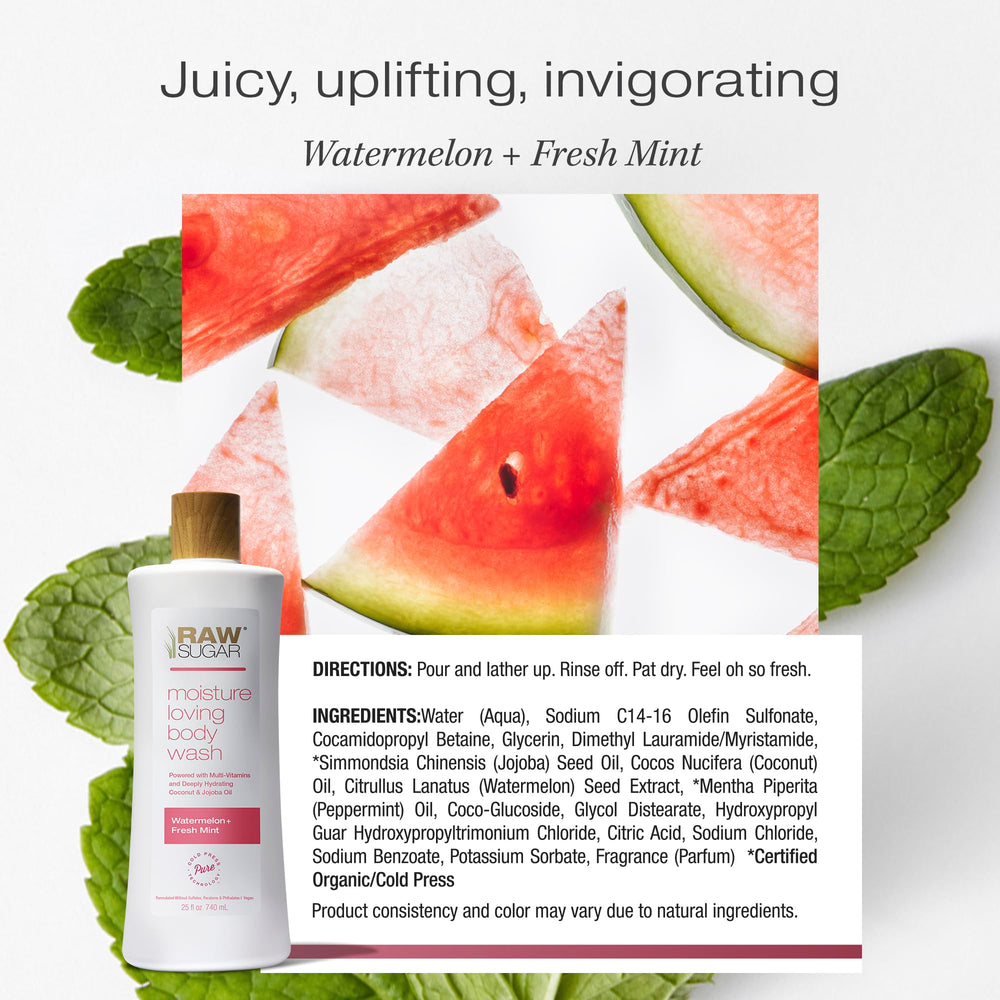 Pouring Raw Sugar Simply Body Wash Watermelon Fresh Mint into hand