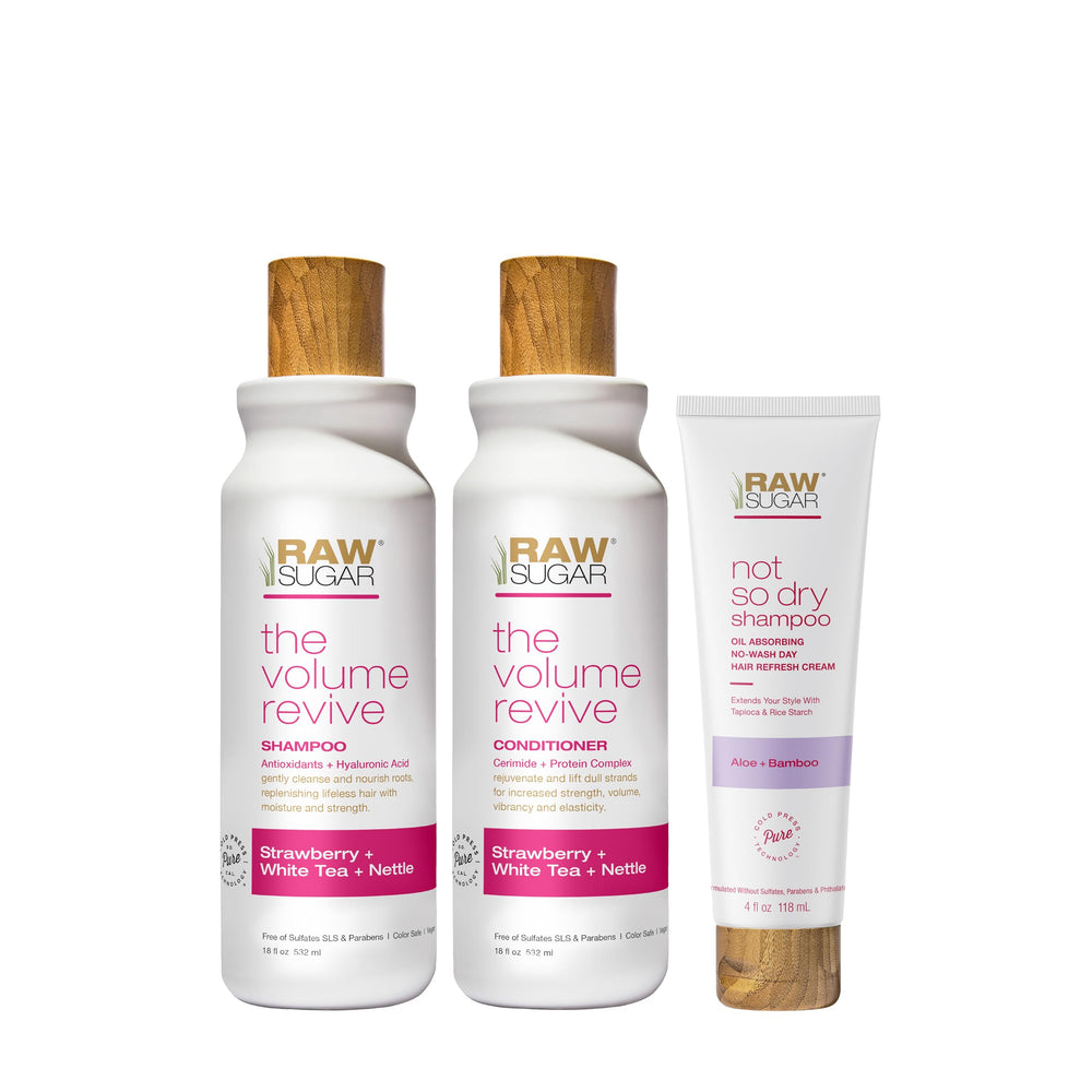 Raw Sugar Volume Revive Shampoo bottle with rich lather for fuller-looking hair