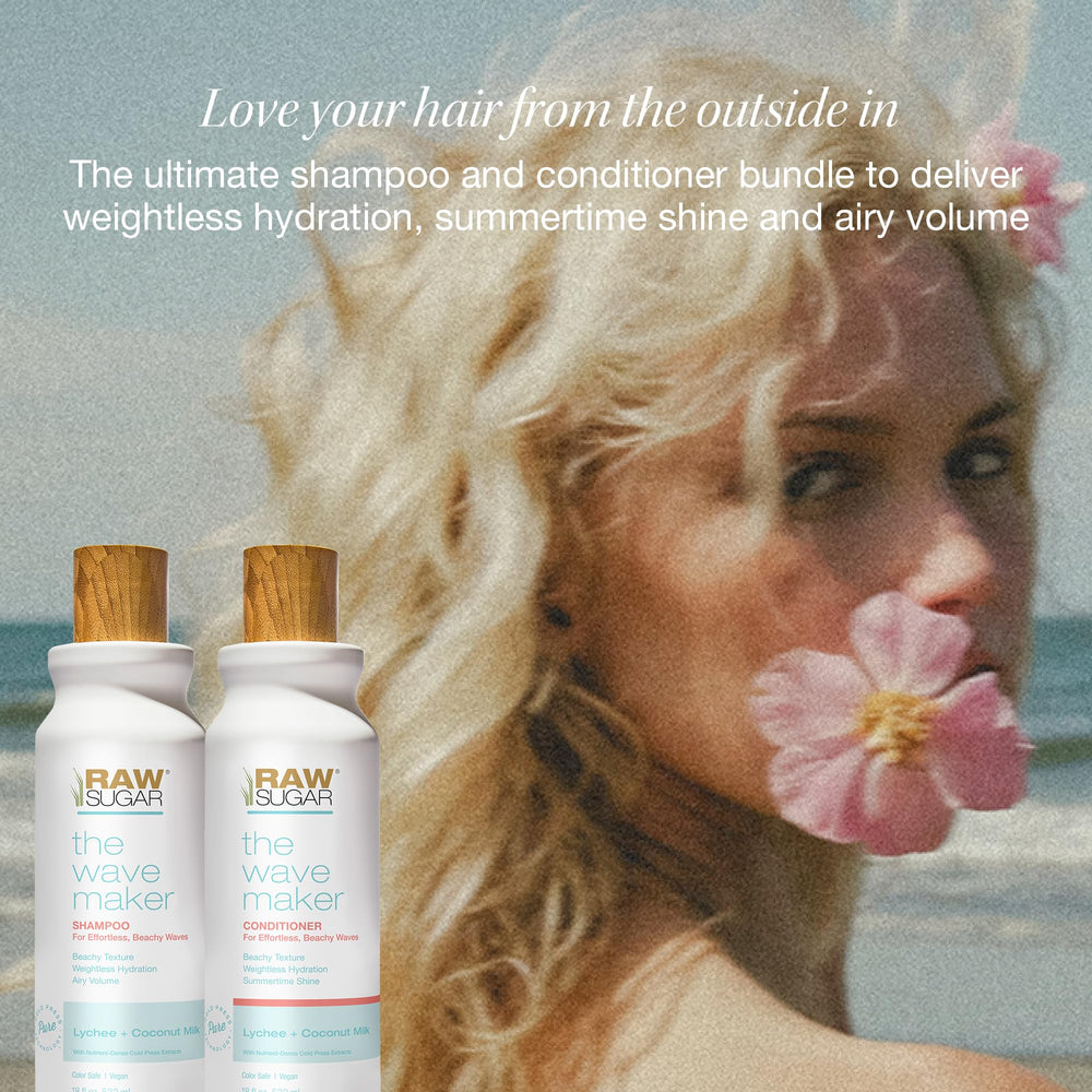 RAW SUGAR Wave Maker Conditioner bottle demonstrates lightweight nourishment for airy waves.