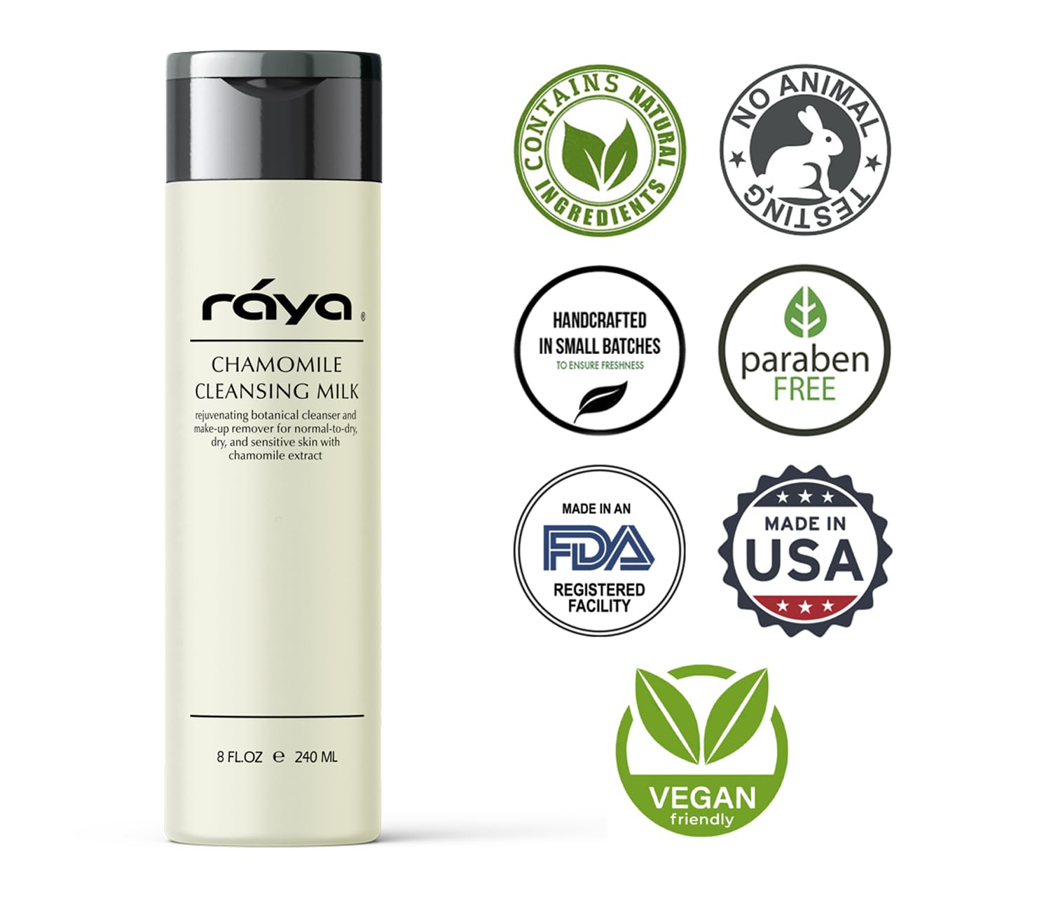 Raya Chamomile Blossom and Elder Flower closeup highlights soothing botanicals.