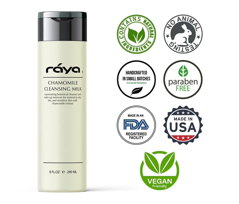 Raya Chamomile Blossom and Elder Flower closeup highlights soothing botanicals.