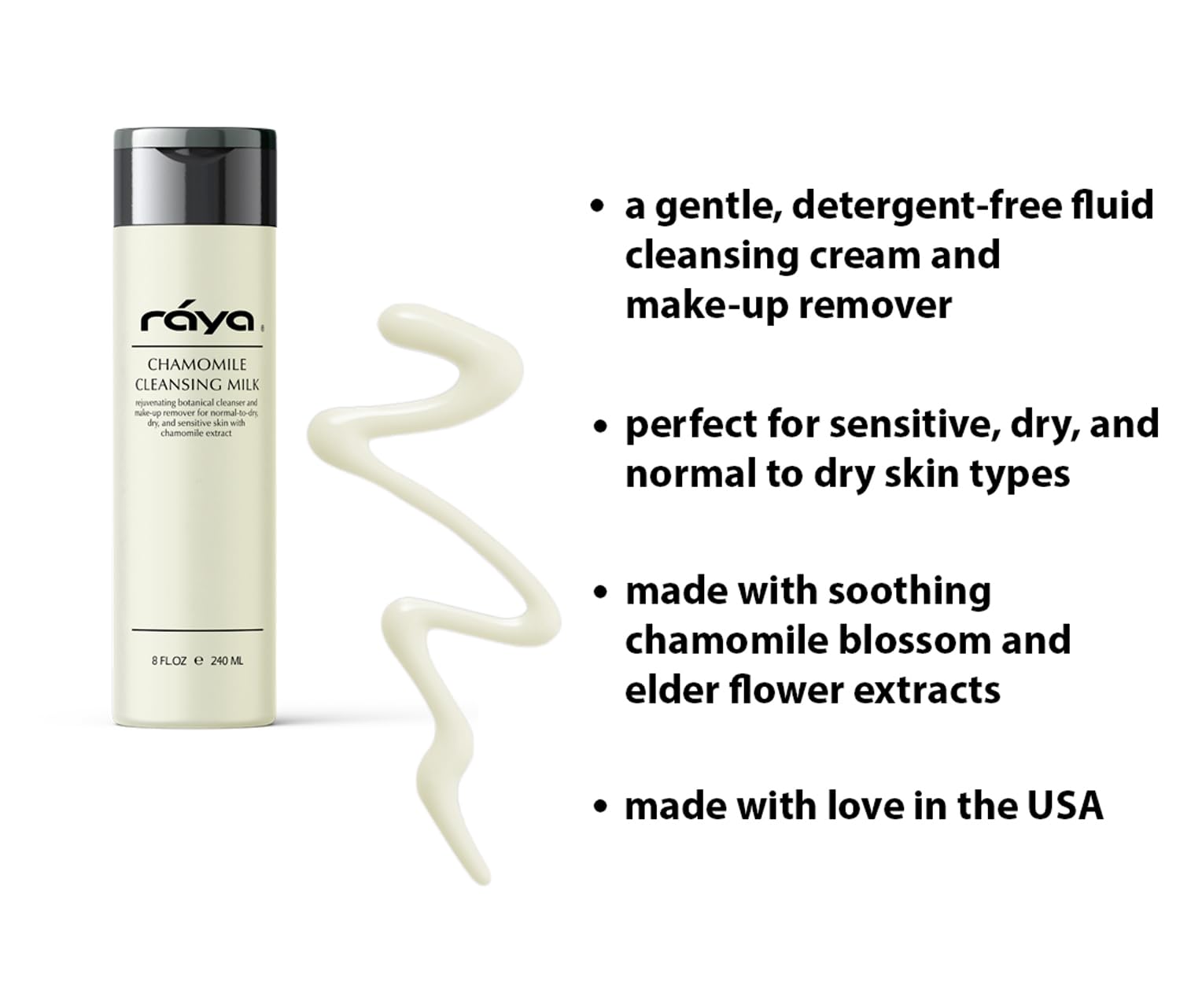 Raya Chamomile Cleansing Milk pump dispenses for easy makeup removal.