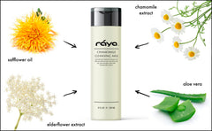 Raya Chamomile Cleansing Milk texture closeup reveals creamy, soap-free formula.