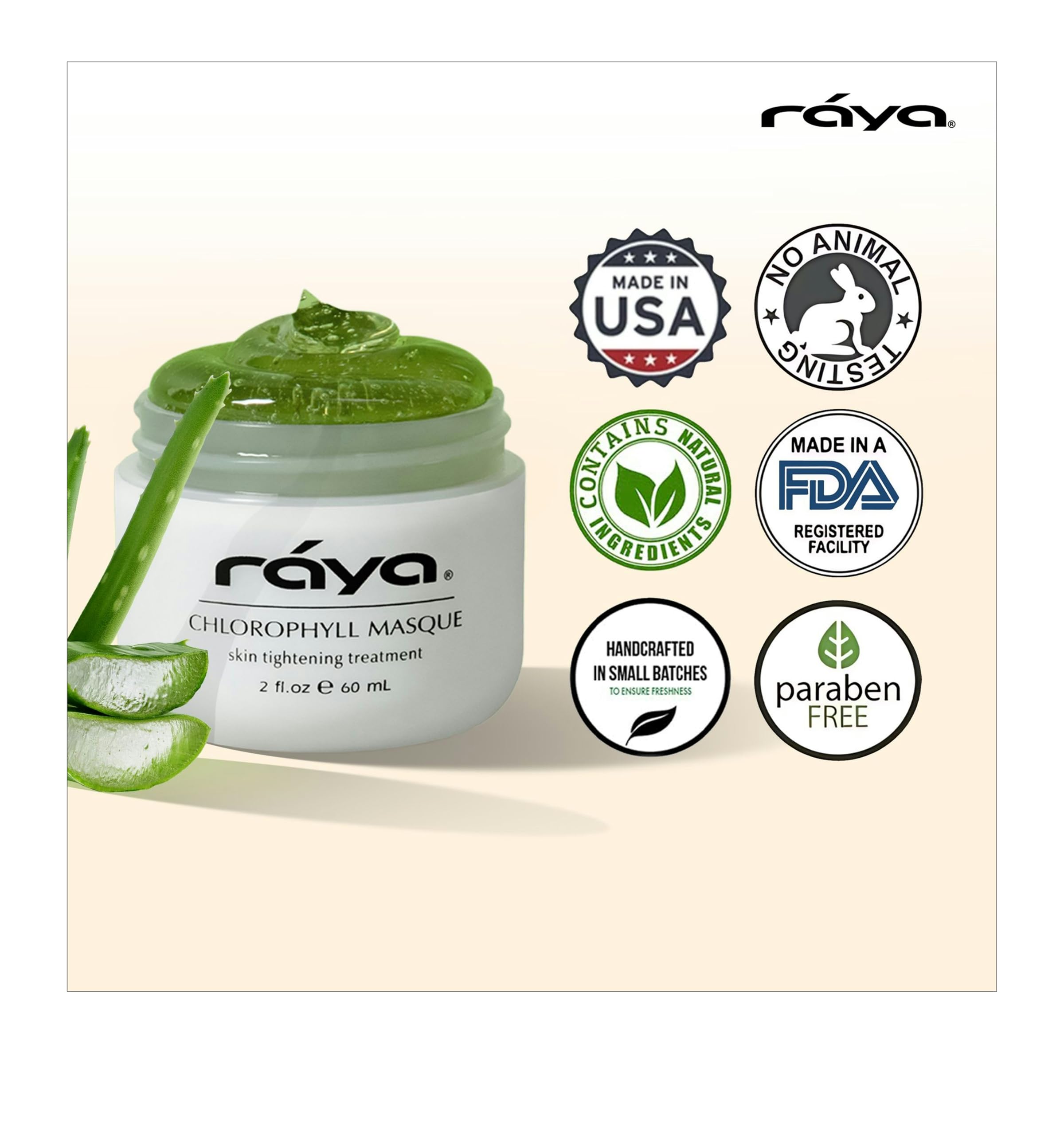 Raya Chlorophyll Masque with aloe vera offers soothing hydration during use.