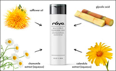 Raya cleansing milk pump-dispense demonstrates easy, mess-free application.
