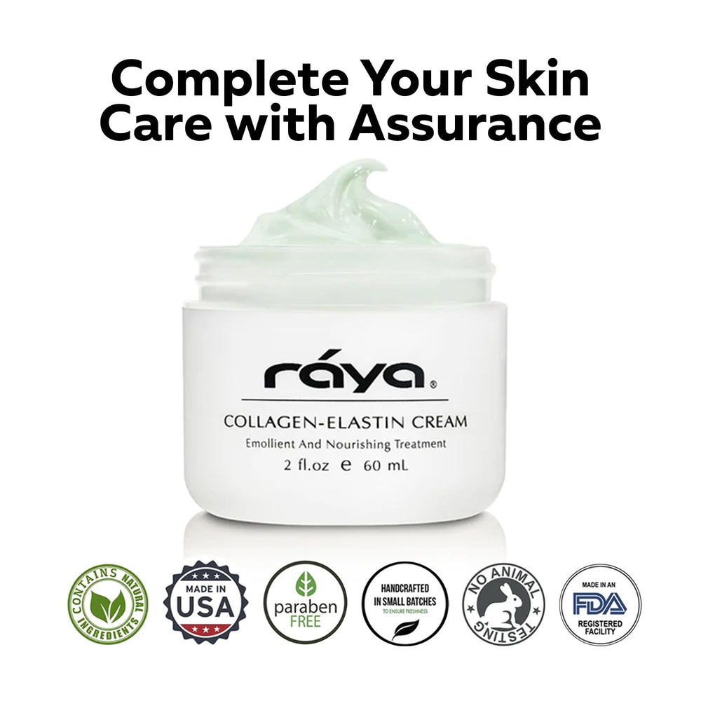 Raya Collagen-Elastin Cream jar front view highlighting moisture-rich formula.