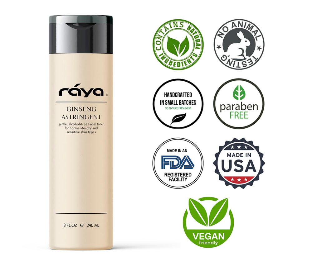 Raya Ginseng Toner pump closeup on an oil-free formula for dry skin