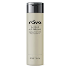 Raya Glycolic Mud Cleanser bottle closeup for gentle exfoliation and balanced skin.