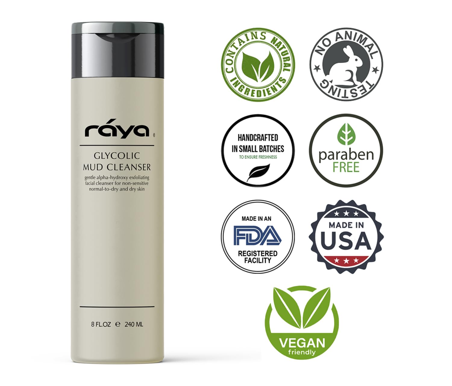 Raya Glycolic Mud Cleanser ingredients: glycolic acid and volcanic mud.