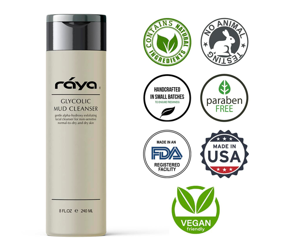 Raya Glycolic Mud Cleanser ingredients: glycolic acid and volcanic mud.