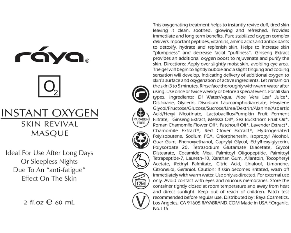 Raya Instant Oxygen Skin Revival Masque ginseng-oxygen label emphasizes clean USA-made formulation.