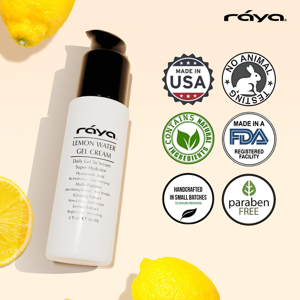 Closeup of Raya Lemon Water Gel Cream ingredients and vitamins blend; nourishing for skin.
