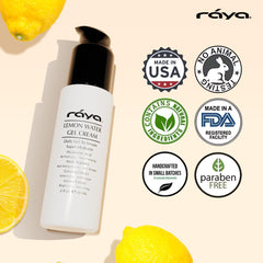 Closeup of Raya Lemon Water Gel Cream ingredients and vitamins blend; nourishing for skin.