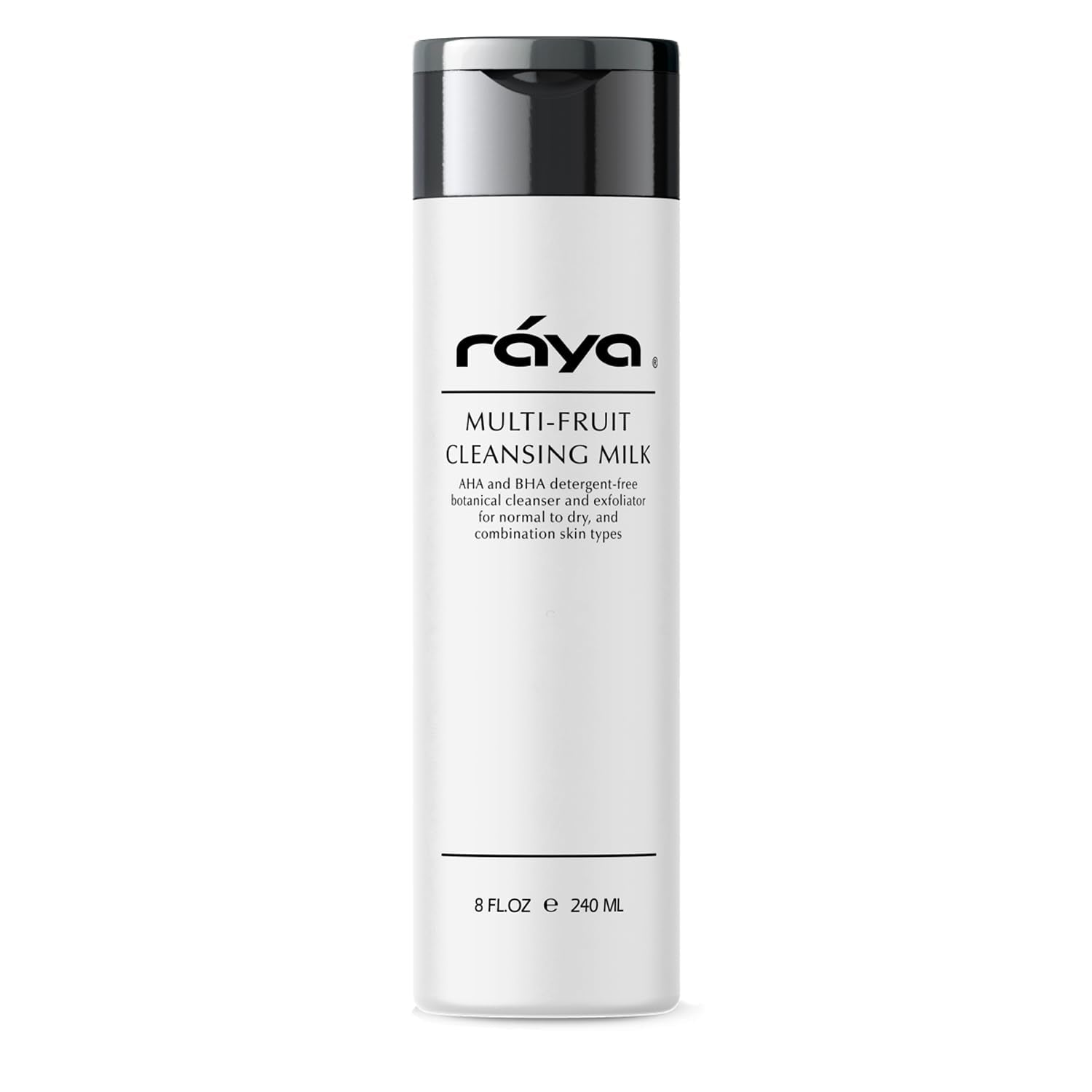 Raya multi-fruit cleansing milk bottle shows gentle makeup removal for all-day freshness.