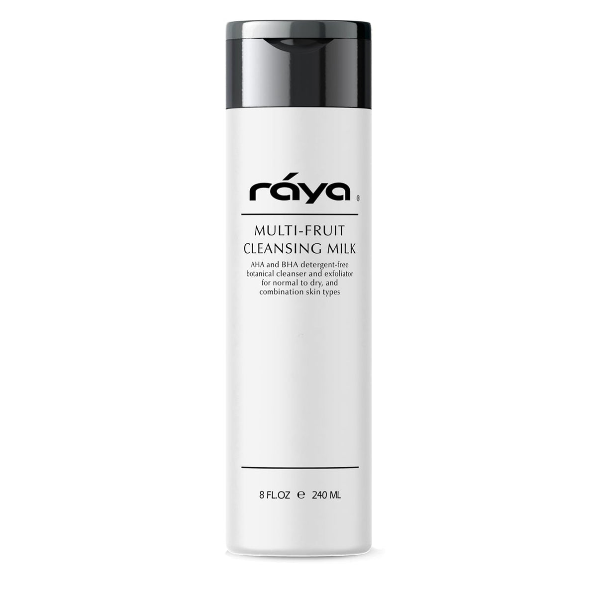Raya multi-fruit cleansing milk bottle shows gentle makeup removal for all-day freshness.