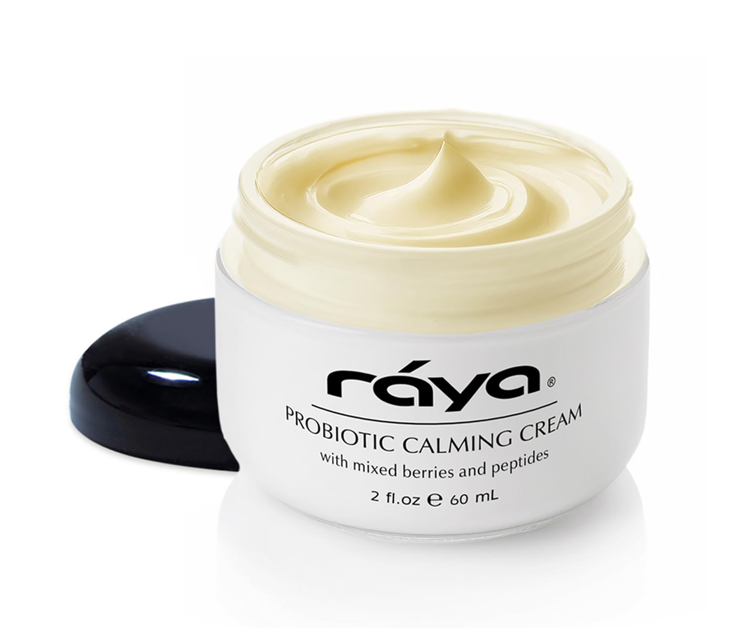 Raya Probiotic Calming Cream jar closeup showing rich, soothing texture.