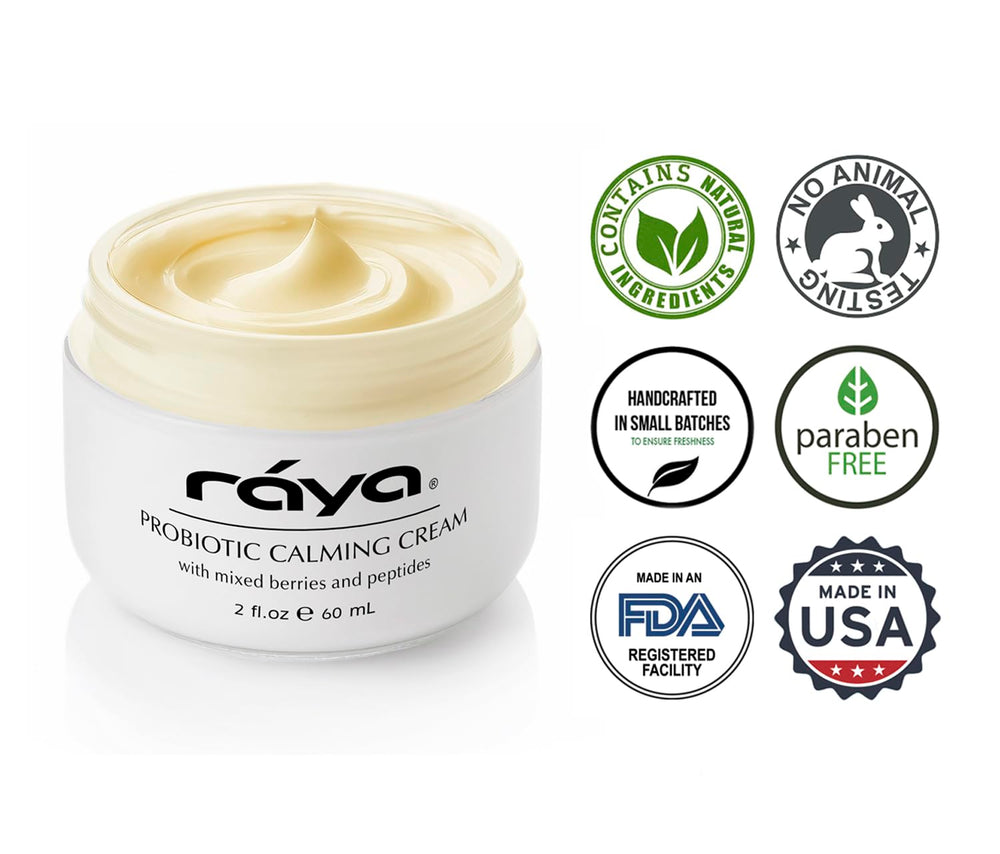 Raya Probiotic Calming Cream peptide embossing suggests firmer, radiant skin.